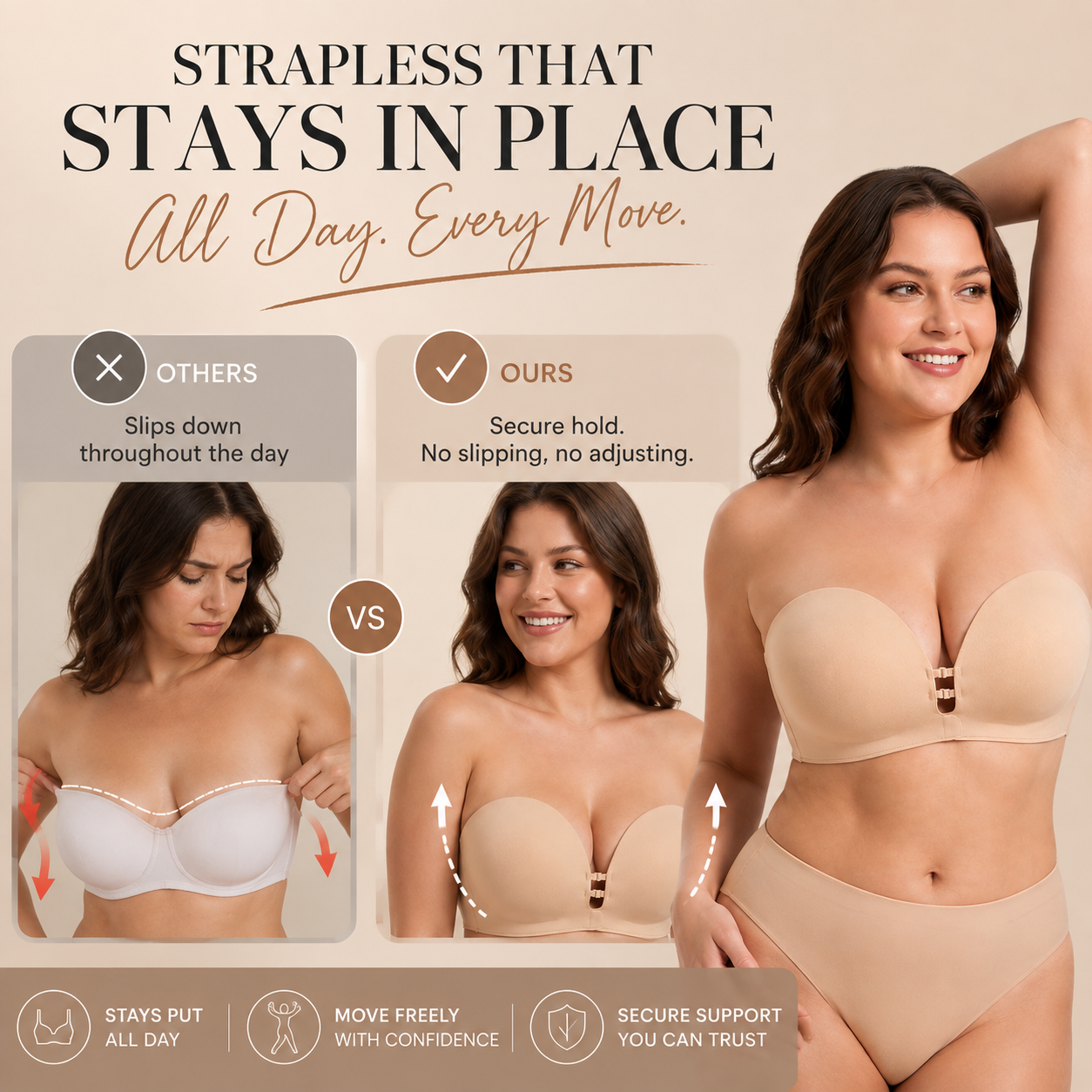 Strapless Push-Up Bra – Front Closure, Wireless & Seamless