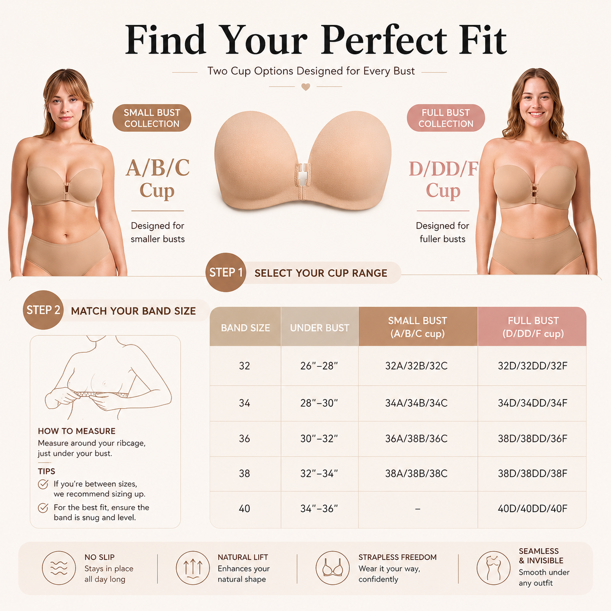 Strapless Push-Up Bra – Front Closure, Wireless & Seamless