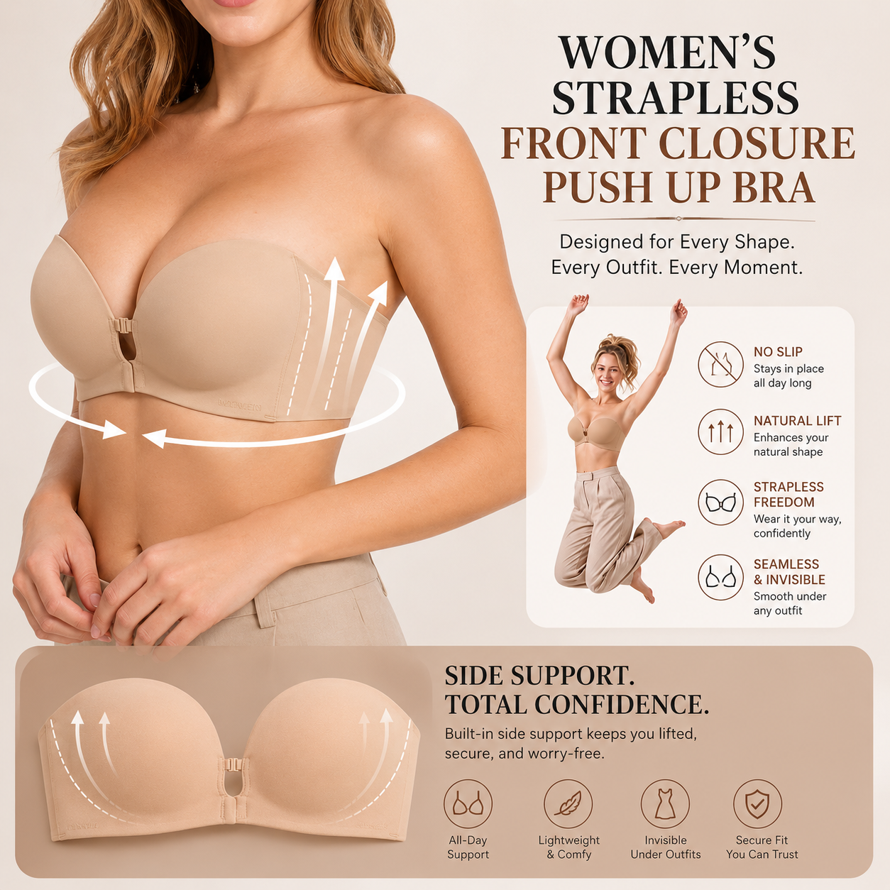 Strapless Push-Up Bra – Front Closure, Wireless & Seamless