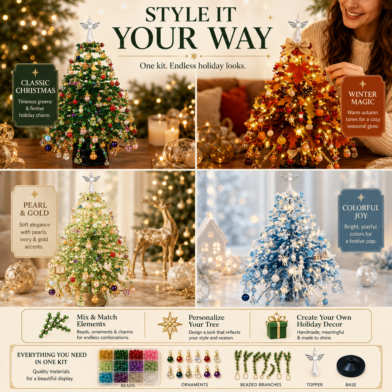 DIY Beaded Christmas Tree Kit, Hand‑Made Mini Crystal Bead Xmas Tree Craft Set