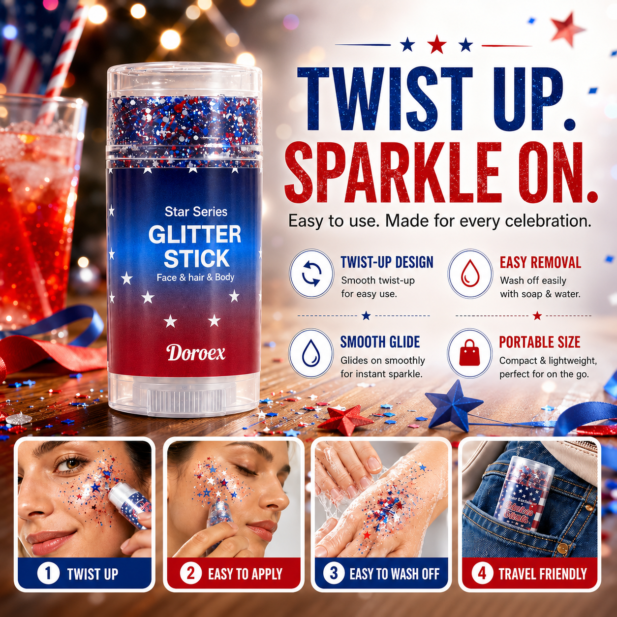 Red, White & Blue Glitter Stick