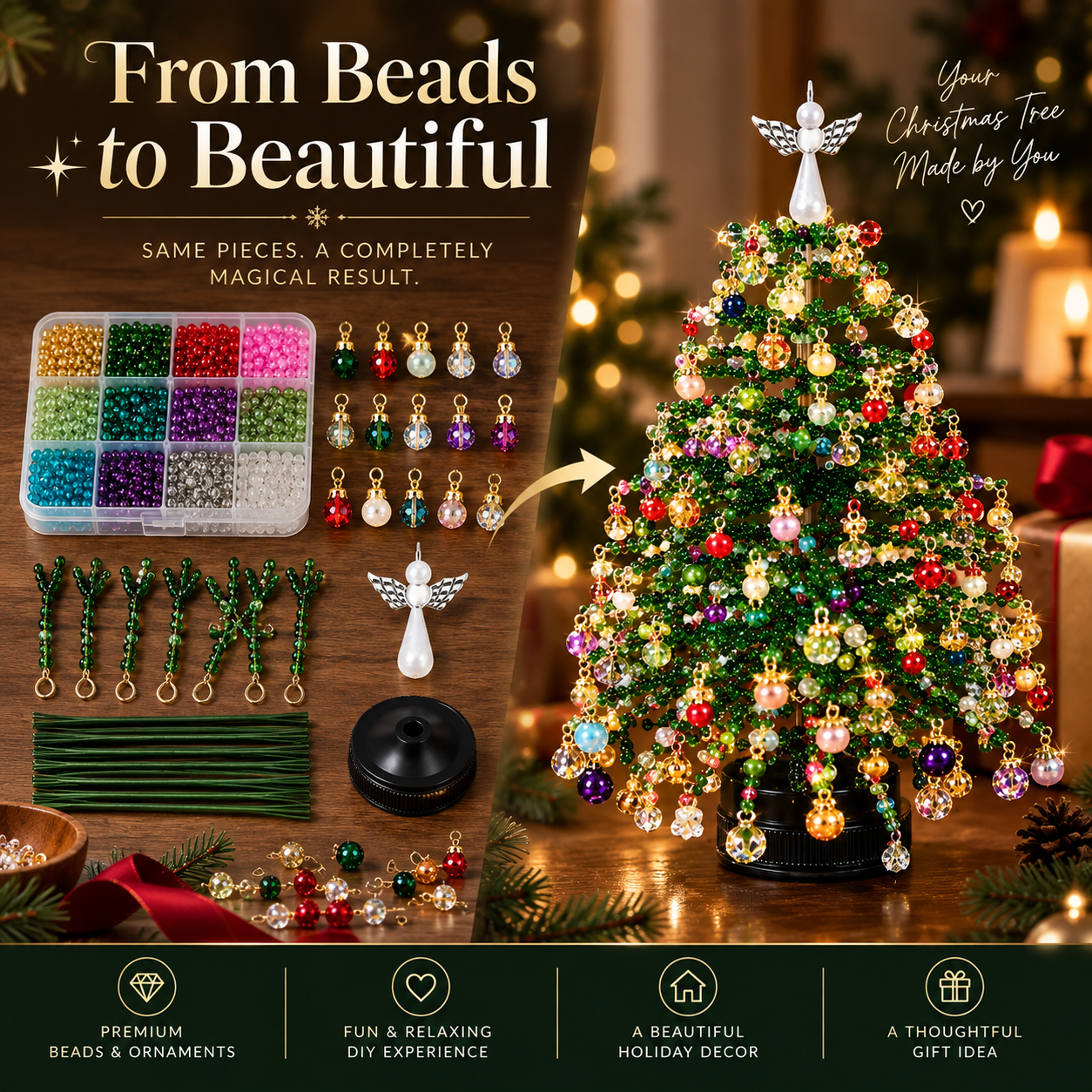 DIY Beaded Christmas Tree Kit, Hand‑Made Mini Crystal Bead Xmas Tree Craft Set
