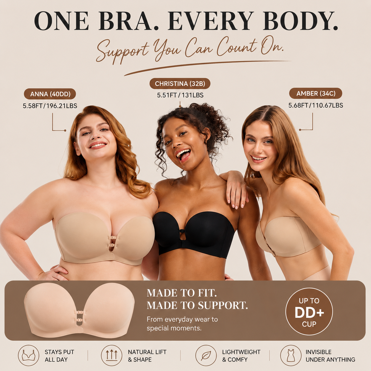 Strapless Push-Up Bra – Front Closure, Wireless & Seamless