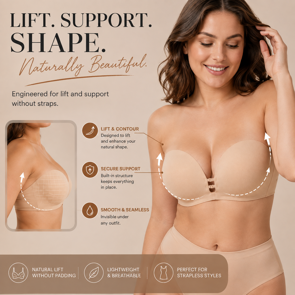 Strapless Push-Up Bra – Front Closure, Wireless & Seamless